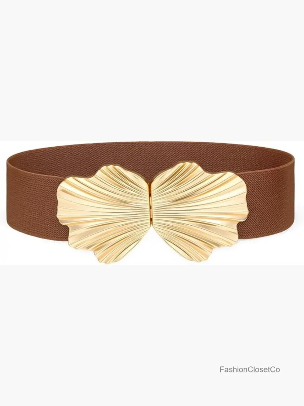 Wide Elastic Waist Belt with Boho Shell Gold Buckle Stretchy